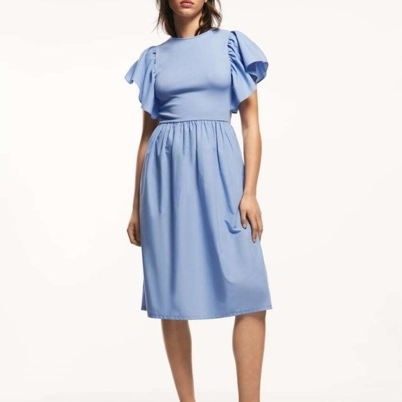 Zara Casual Style A-line Flared Plain Medium Elegant Style cotton - Picture 2 of 4